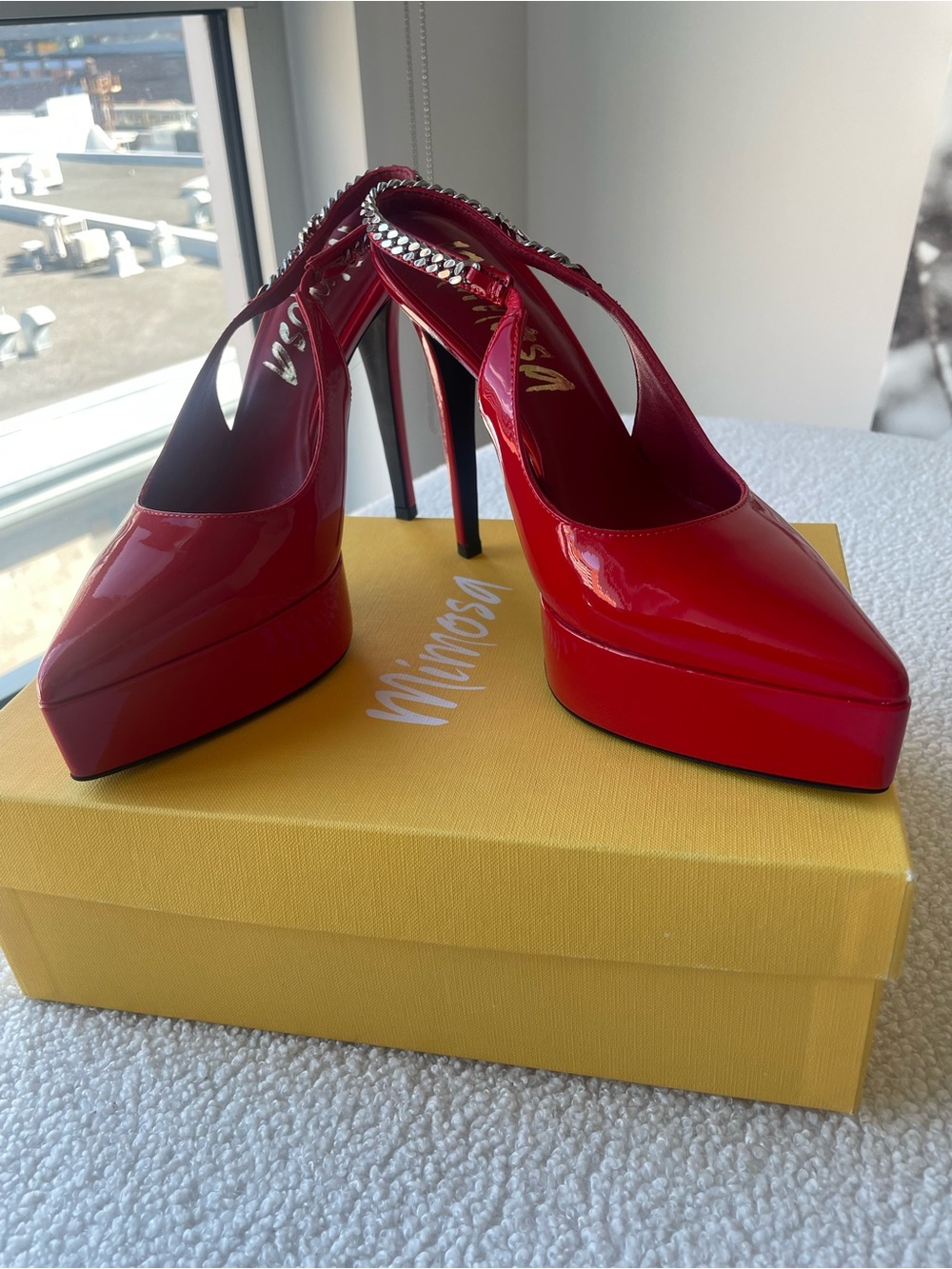 Mimosa Red Patent Platform Slingback Heels with Rhinestone Strap